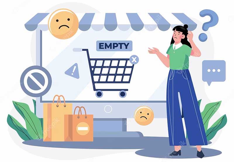 ilustración de un carrito vacío y una mujer con cara triste